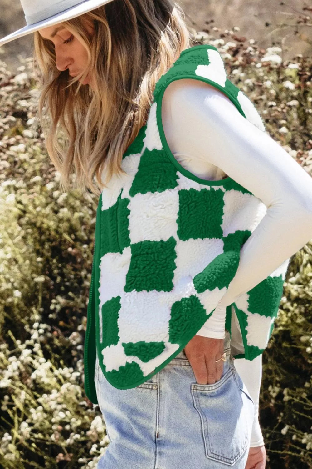 Checkerboard Fleece Sherpa Vest Coat