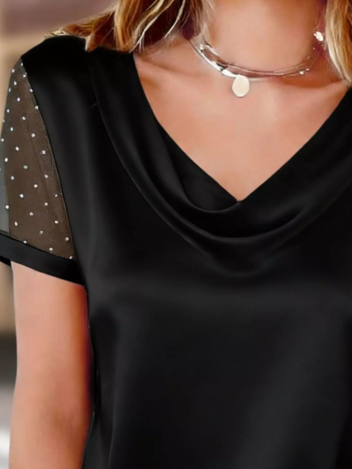 Cowl Neck Polka Dot Short Sleeve Top