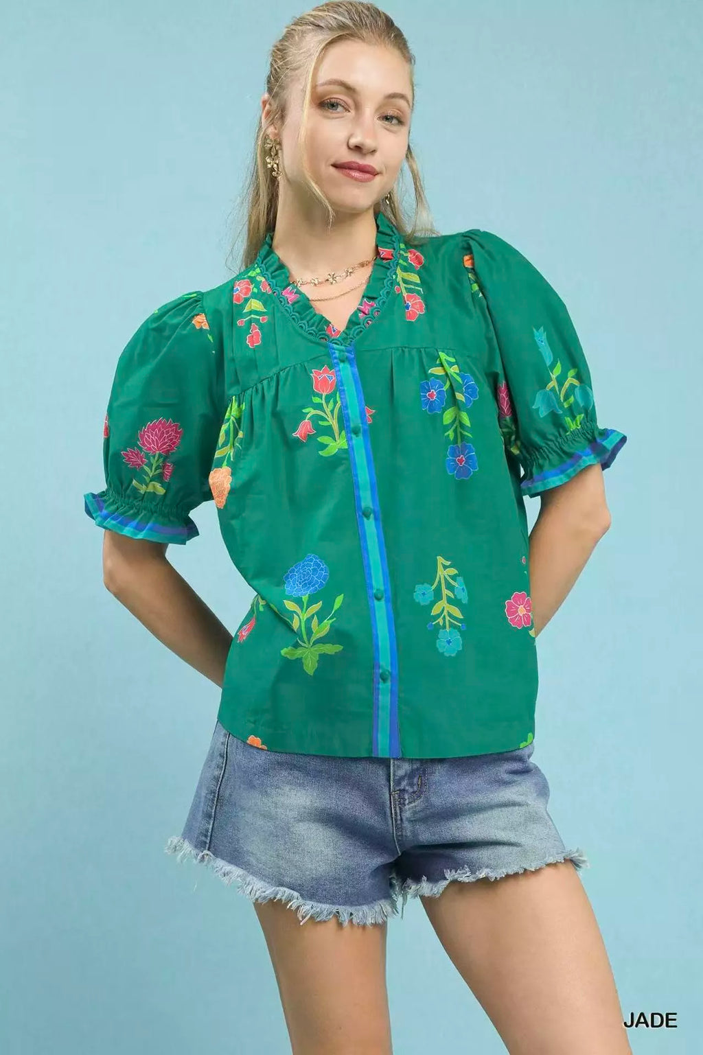 Umgee Petal Parade Print Button-Down Blouse