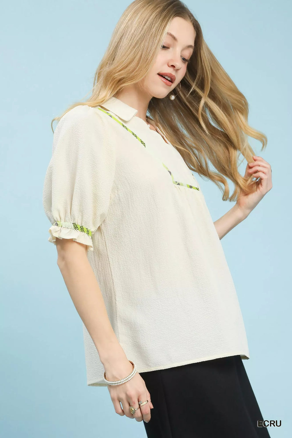 Umgee Scalloped Trim Blouse with Puff Sleeves