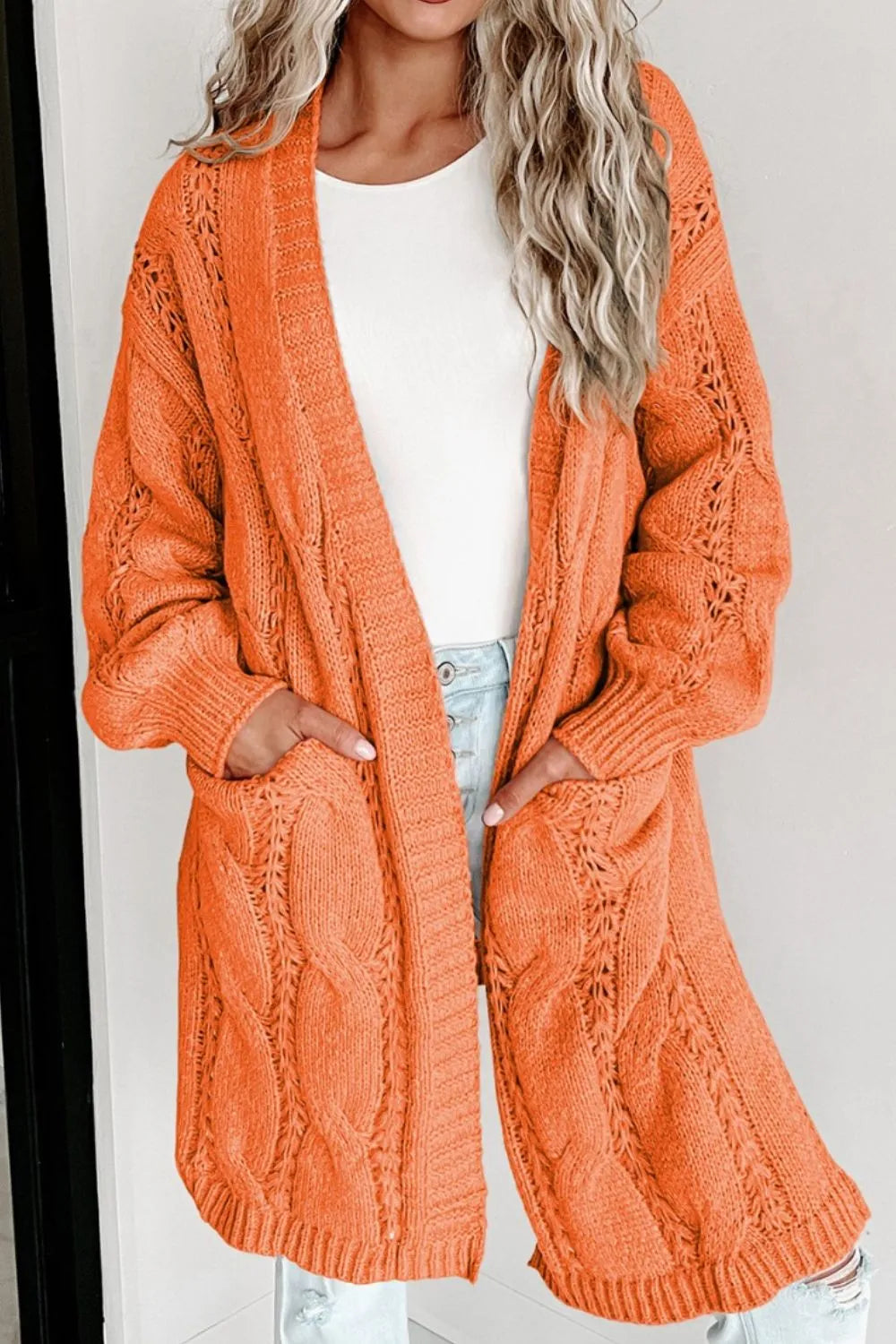 Cable-Knit Dropped Shoulder Slit Cardigan