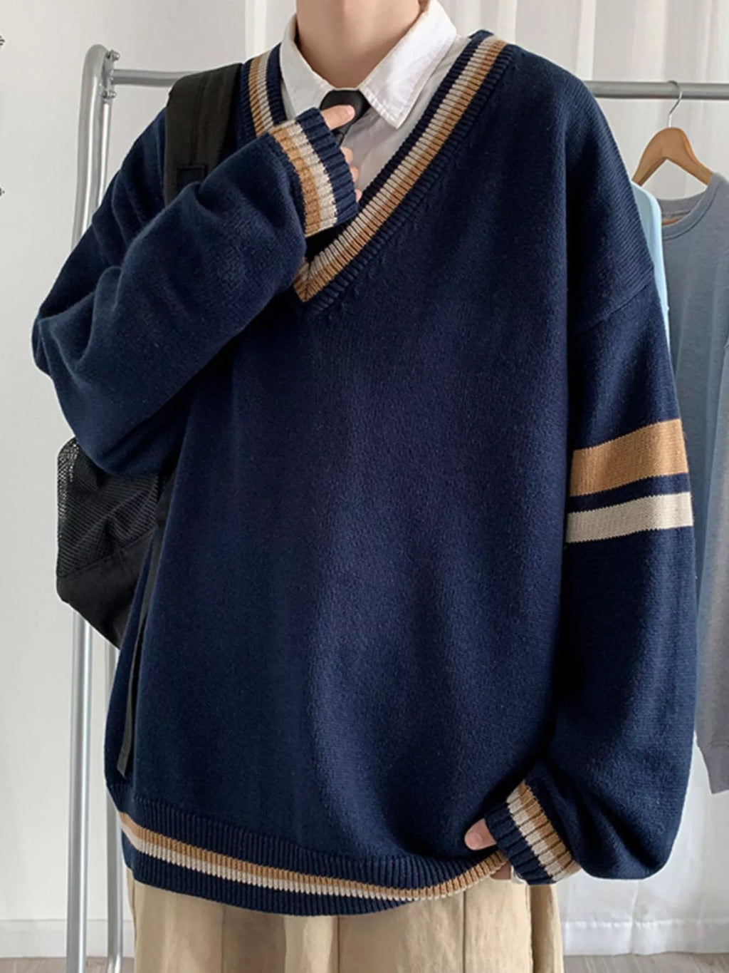 Men's Contrast Striped Long Sleeve Sweater