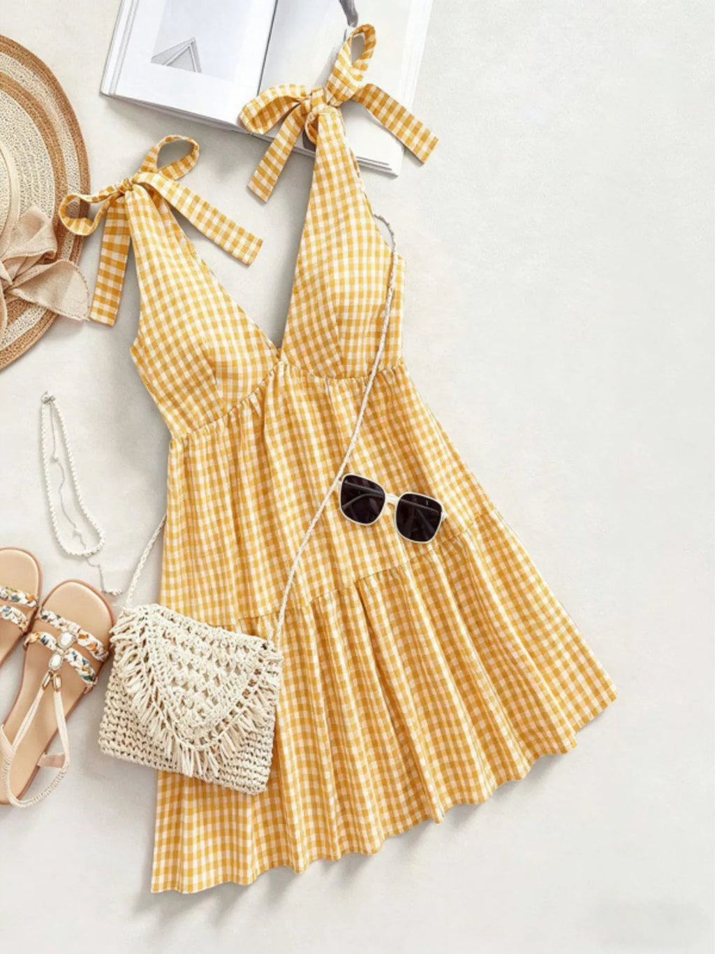 Gingham Tie-Shoulder Mini Dress