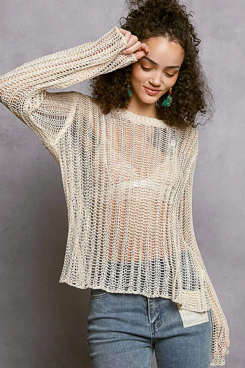 POL Openwork Round Neck Knit Cover Up