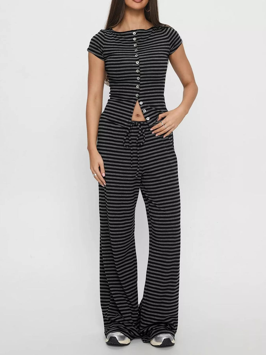 Striped Button-Down Top and Wide-Leg Pants Set