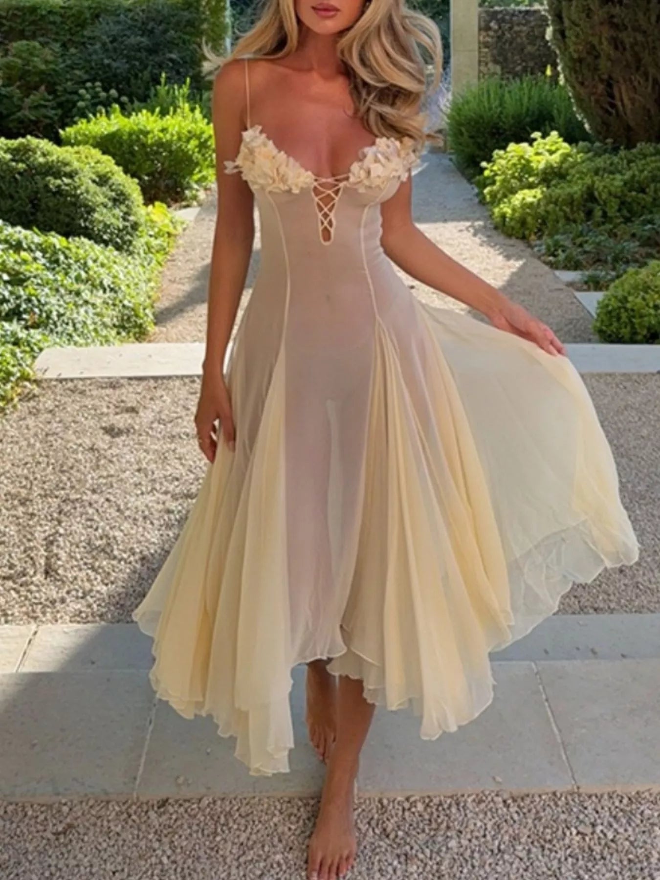 Floral Embellished Spaghetti Strap Dress
