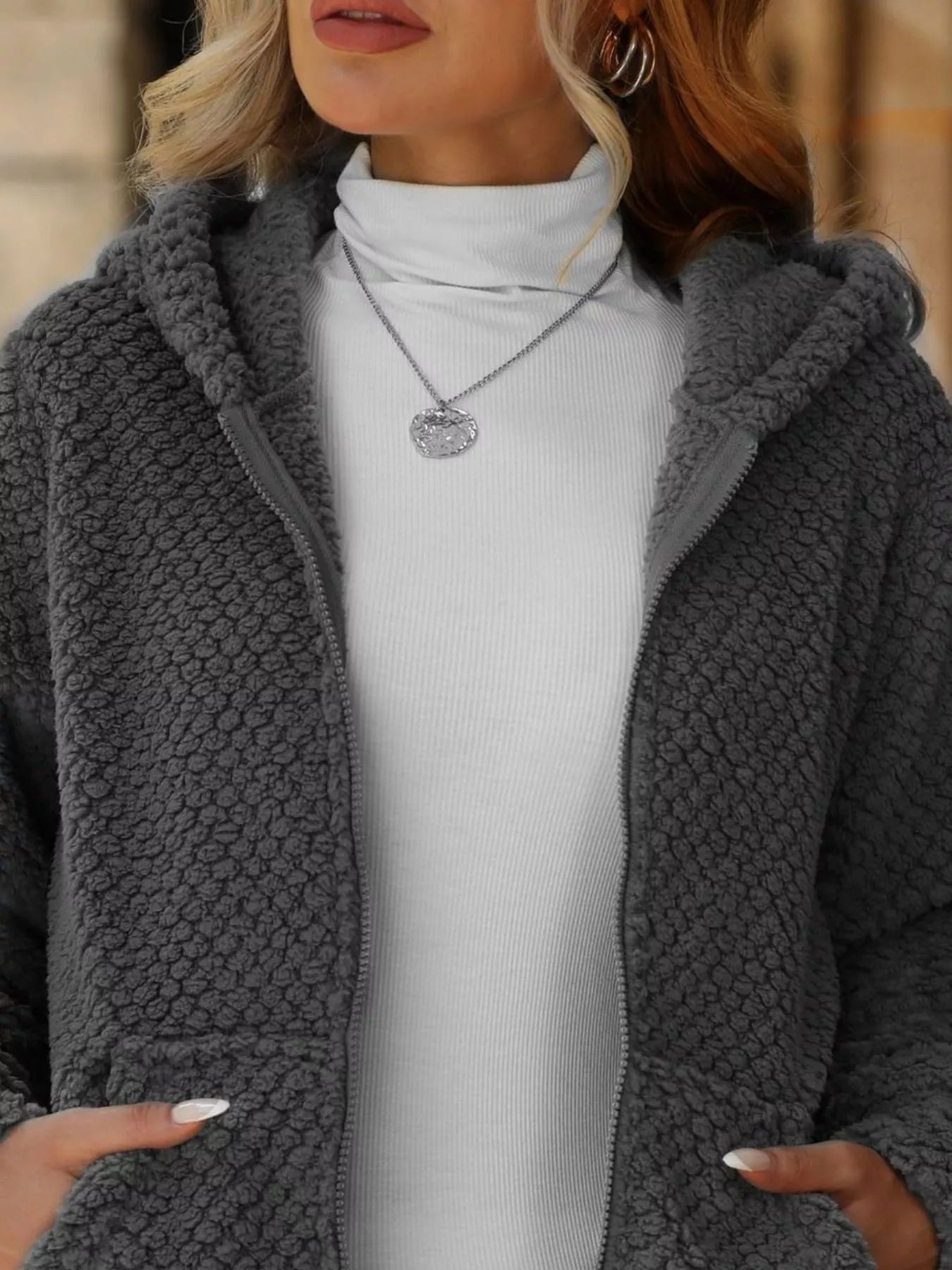 Textured Knit Zip-Up Hooded Outerwear
