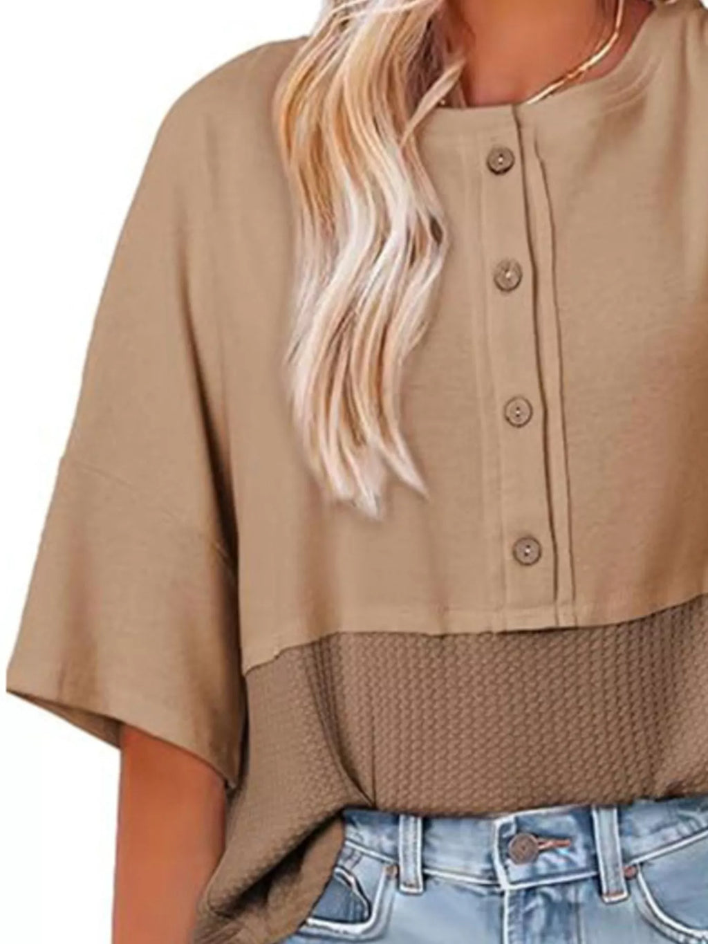 Button Detail Texture Knit T-Shirt