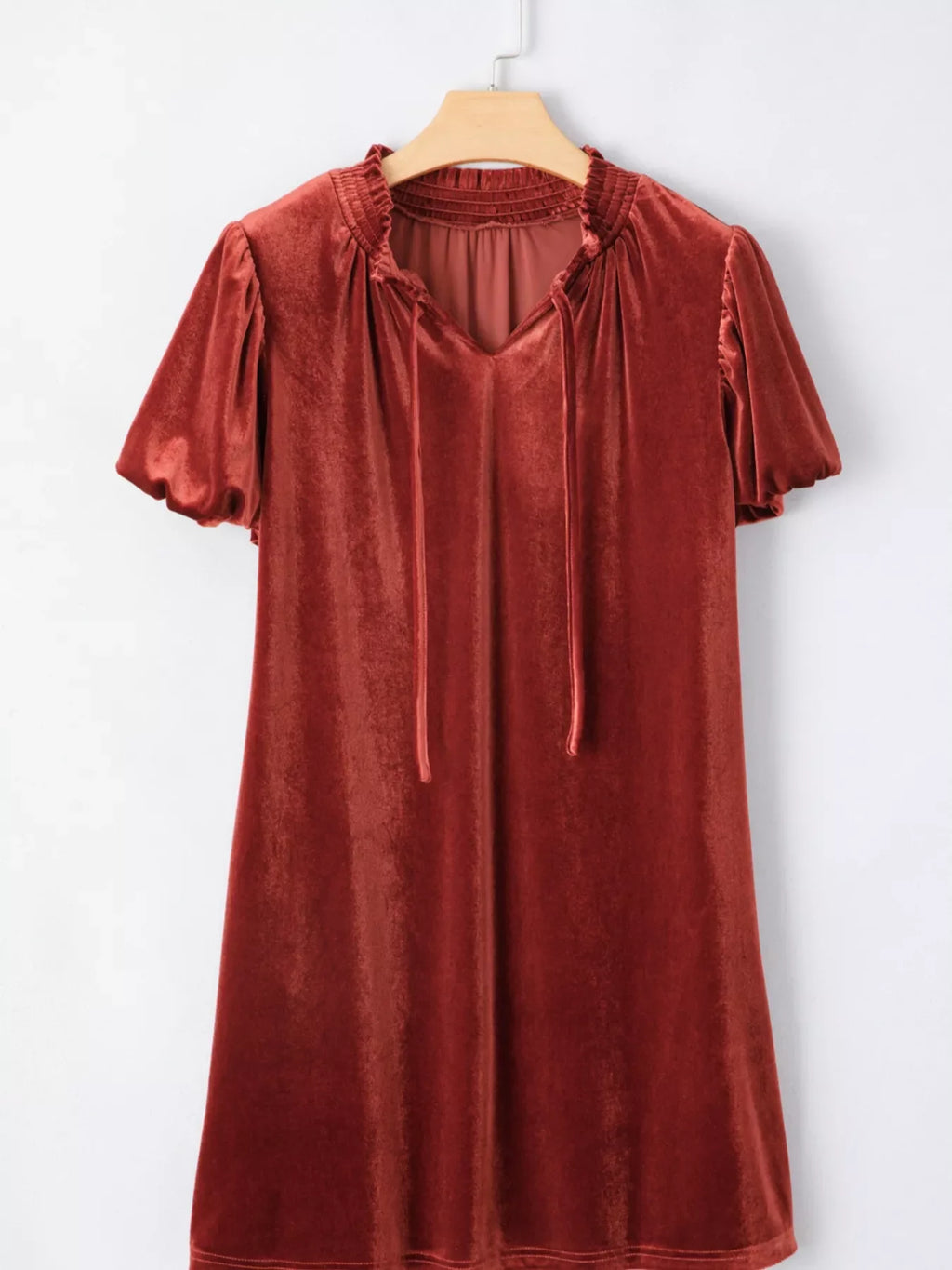 Tie Neck Puff Sleeve Velvet Dress