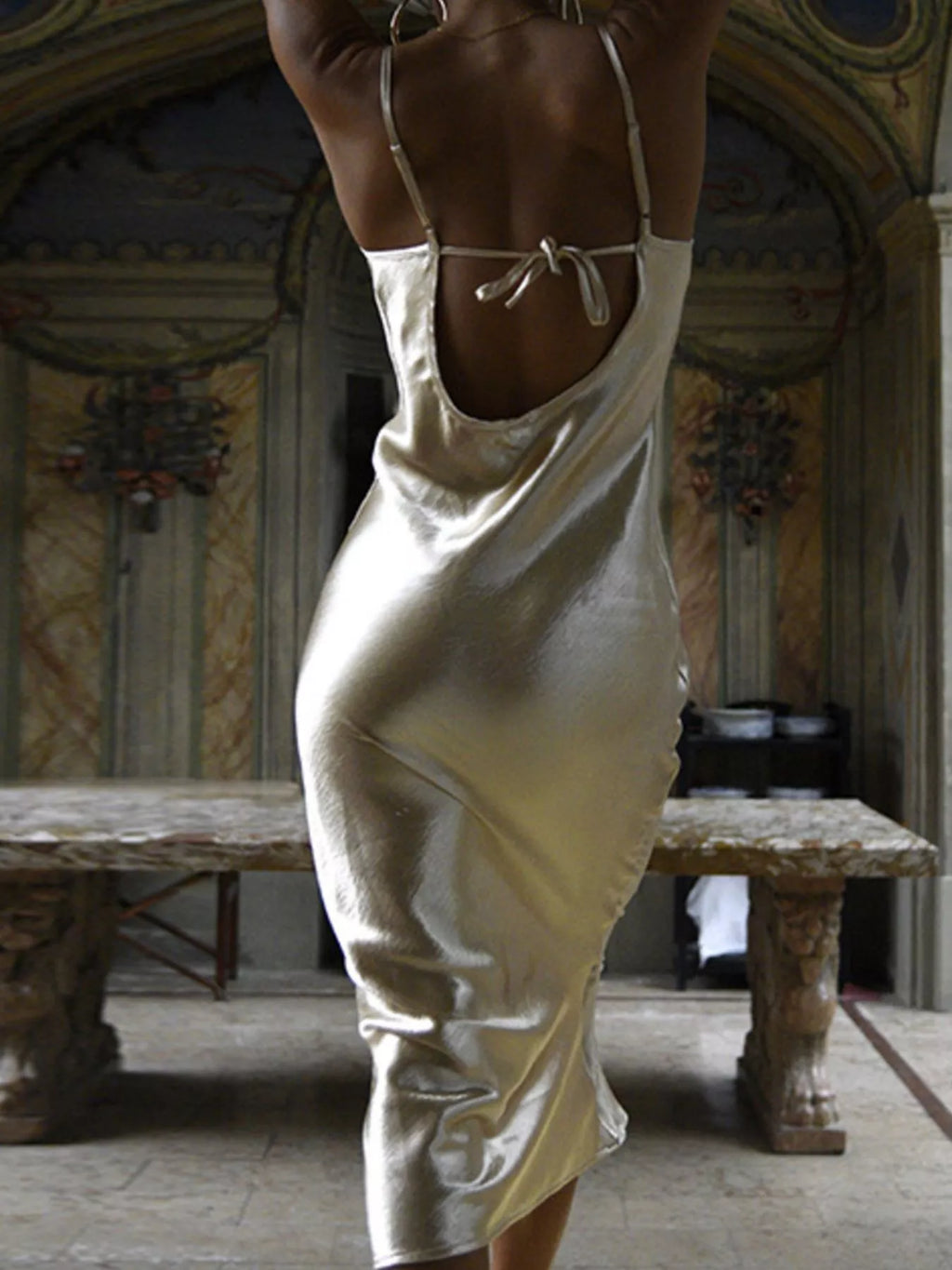 Cowl Neck Tied Back Midi Dress
