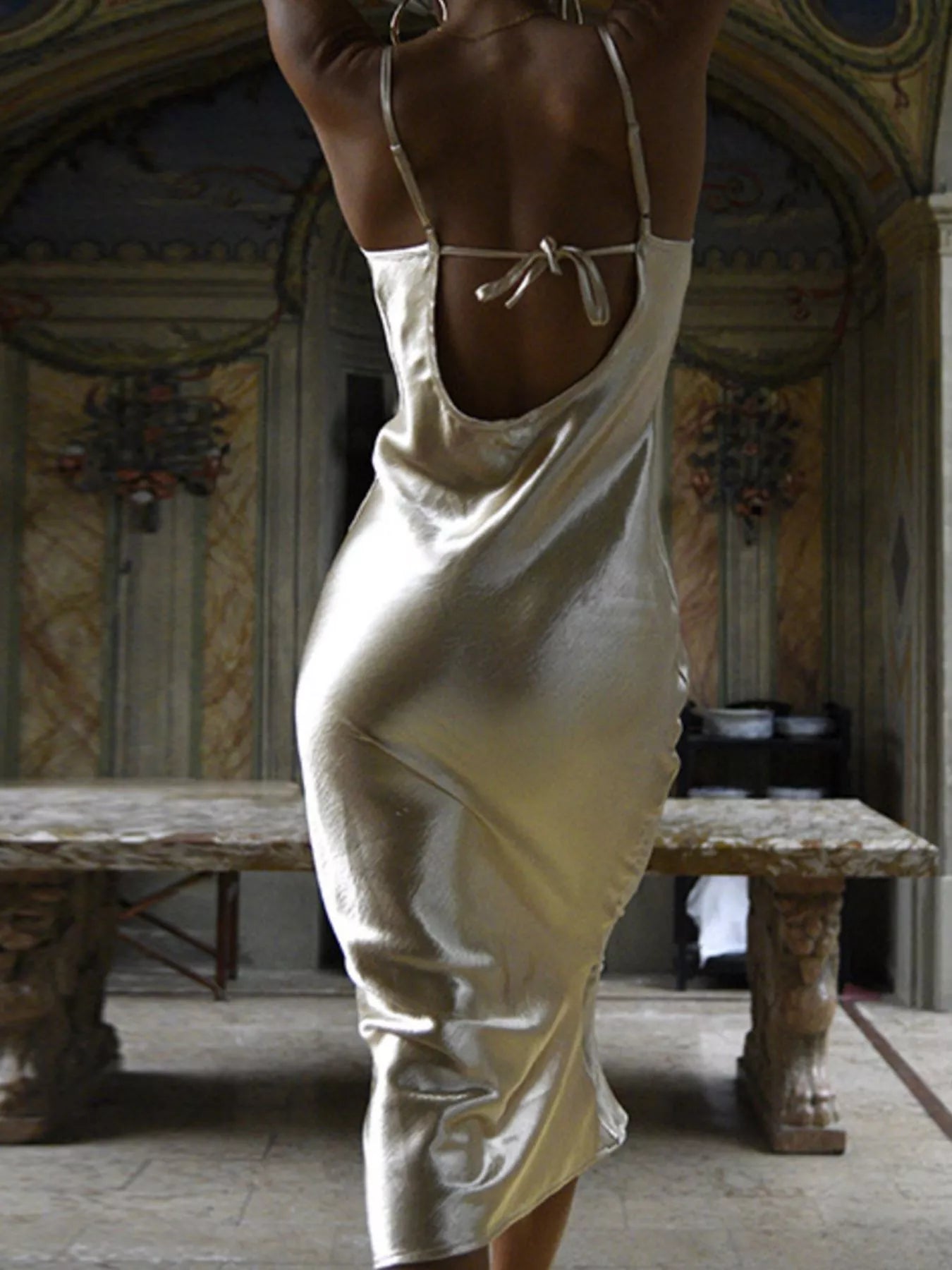 Cowl Neck Tied Back Midi Dress