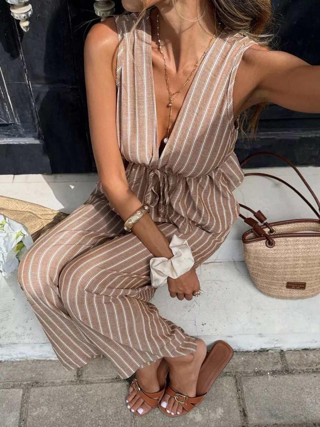 Striped Sleeveless Top and Wide Leg Pants Set