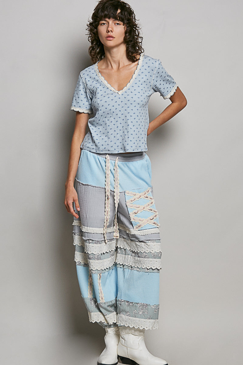 POL Floral V-Neck Short Sleeve Rib T-Shirt