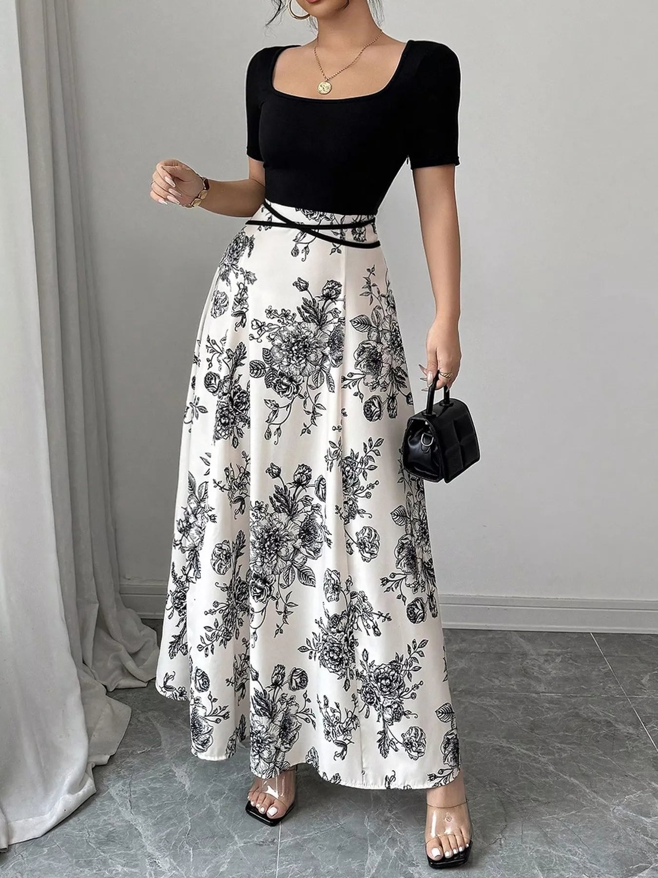Floral Print Square Neck Maxi Dress