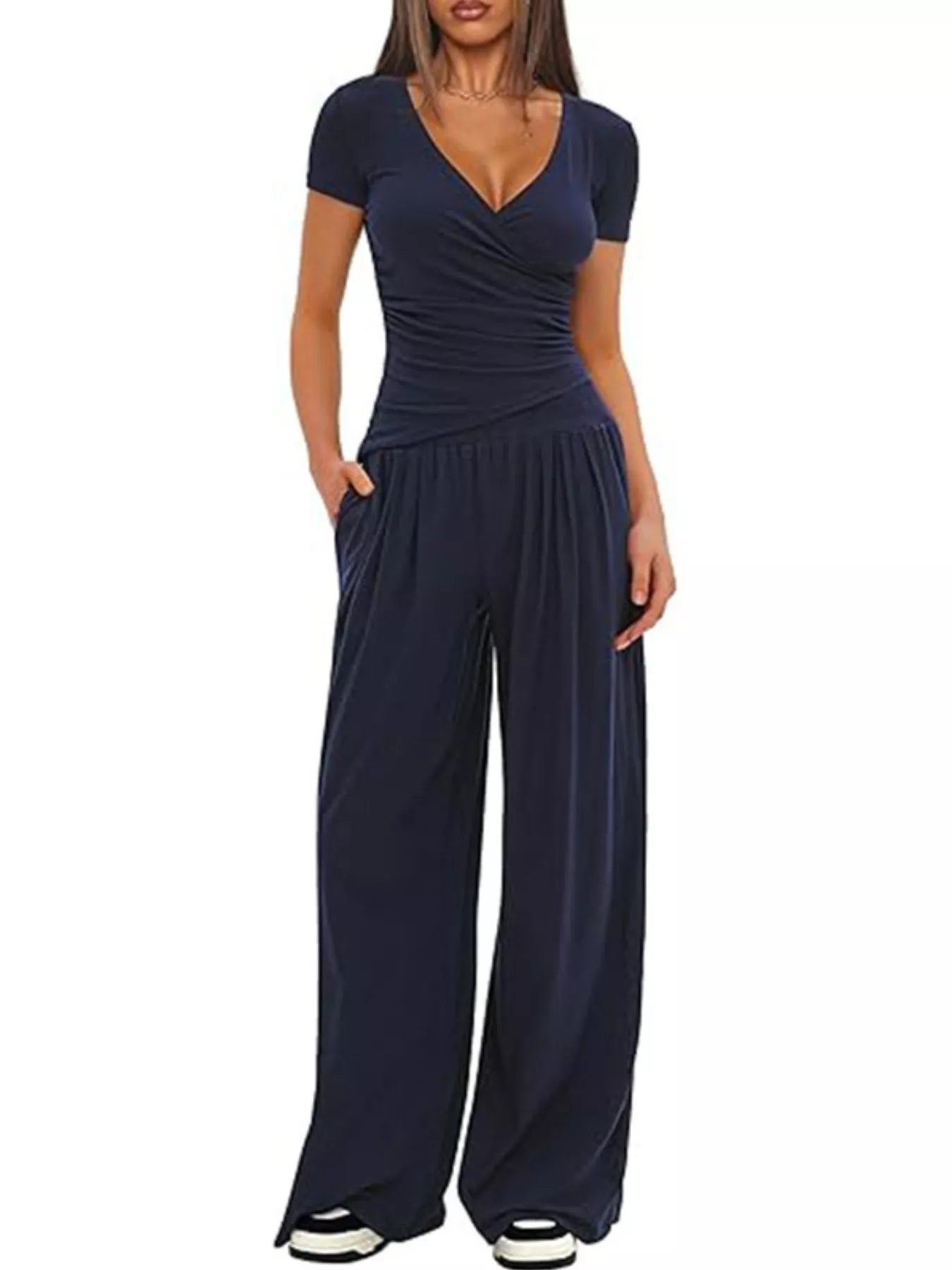 Surplice Short Sleeve Top and Pants Set