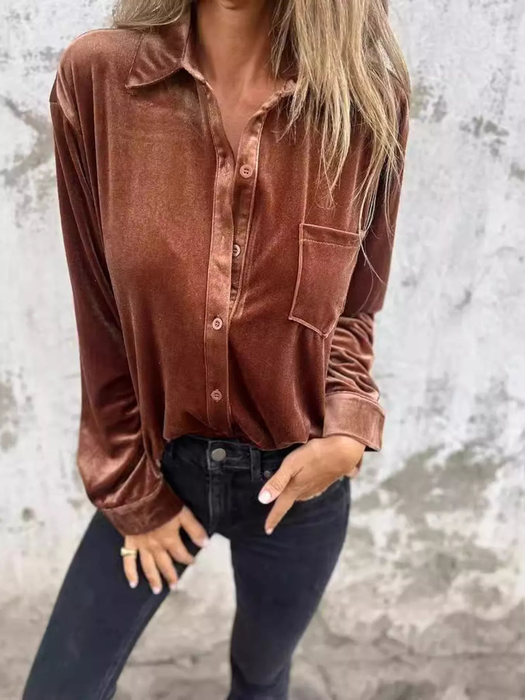 Full Size Velvet Button-Up Long Sleeve Shirt Plus Size