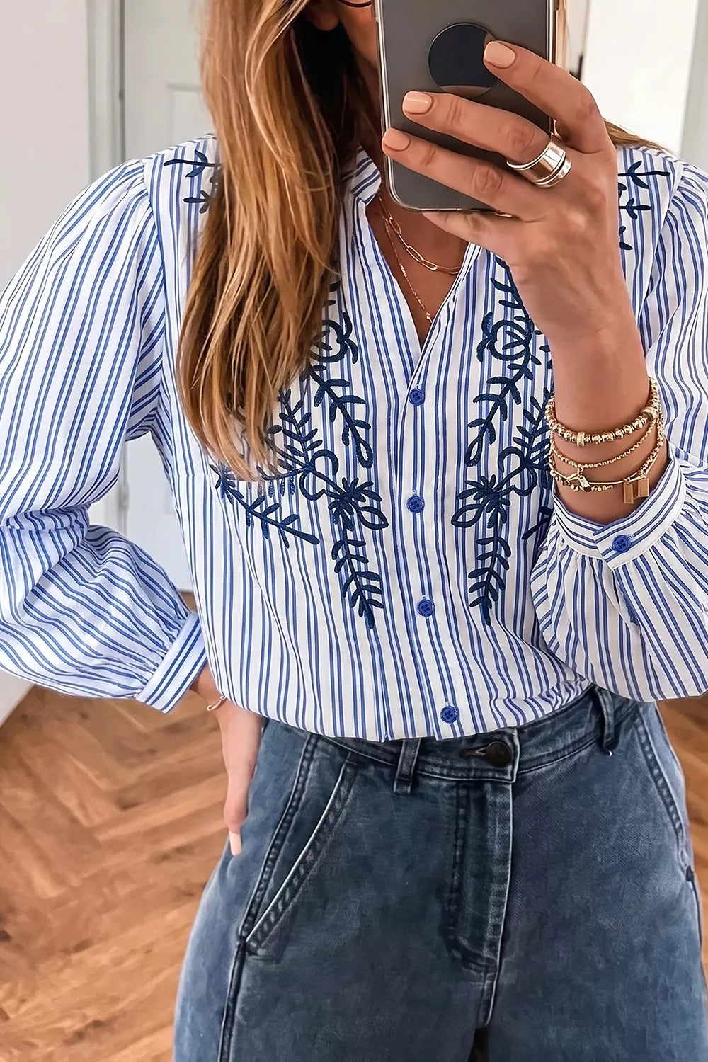 Stripe Embroidered Detail Button Front Long Sleeve Shirt