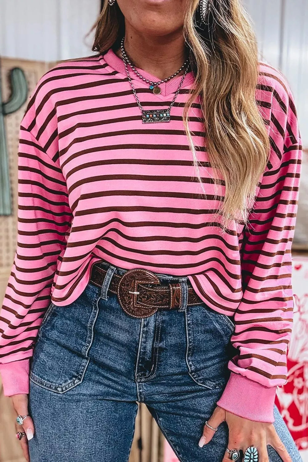 Stripe V Neck Drop Shoulder Long Sleeve Top