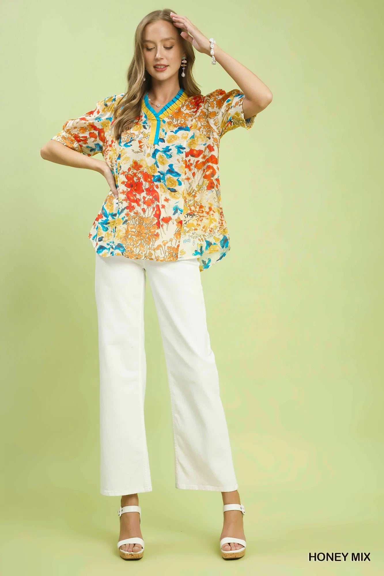 Umgee Floral Contrast Pleat Neck Top