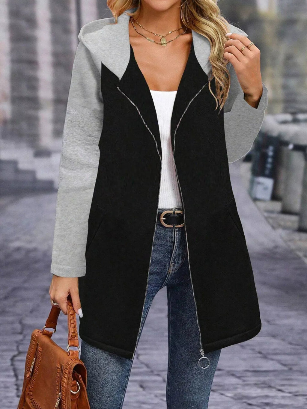 Full Size Zip Up Hooded Longline Outerwear Plus Size