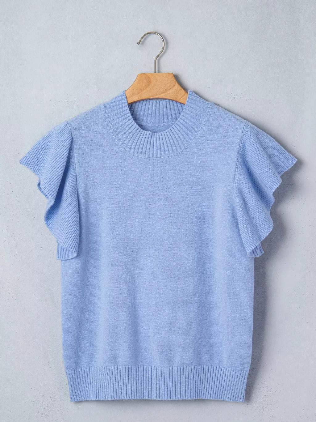 Solid Color Ribbed Trim Round Neck Ruffle Short Sleeve Sweater