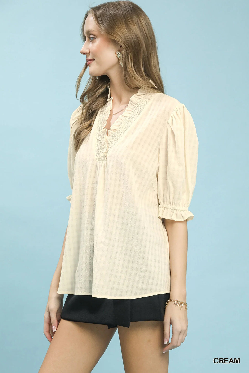 Umgee Textured Check Ruffle V-Neck Blouse