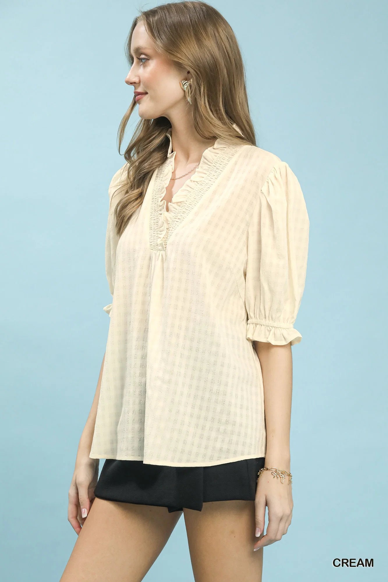 Umgee Textured Check Ruffle V-Neck Blouse