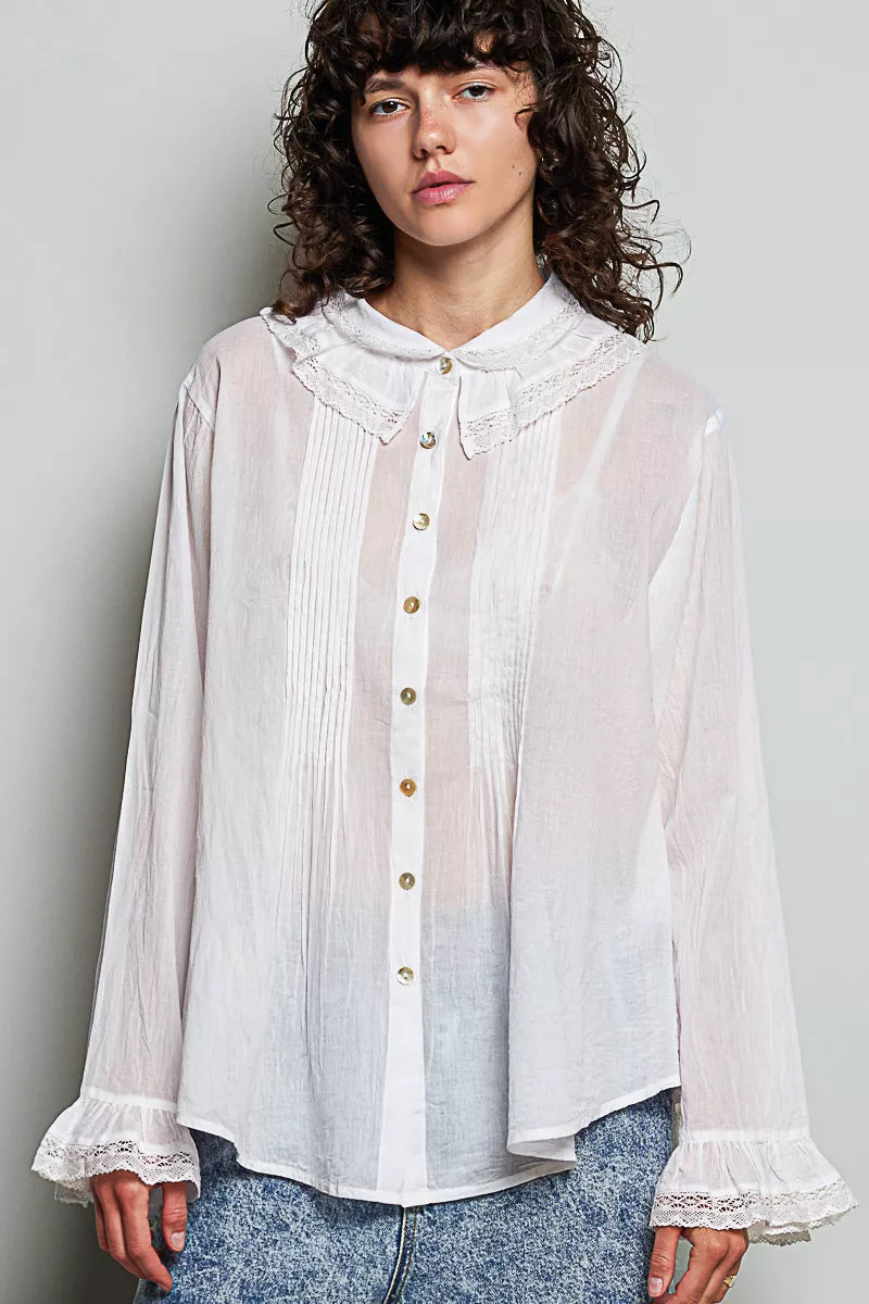 POL Woven Lace Trim Pintuck Button-Down Shirt