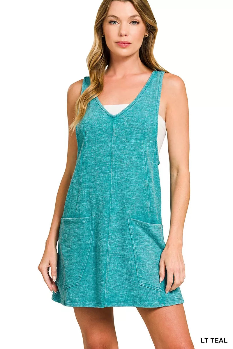 Zenana Washed Slub Adjustable Strap Overall Dress
