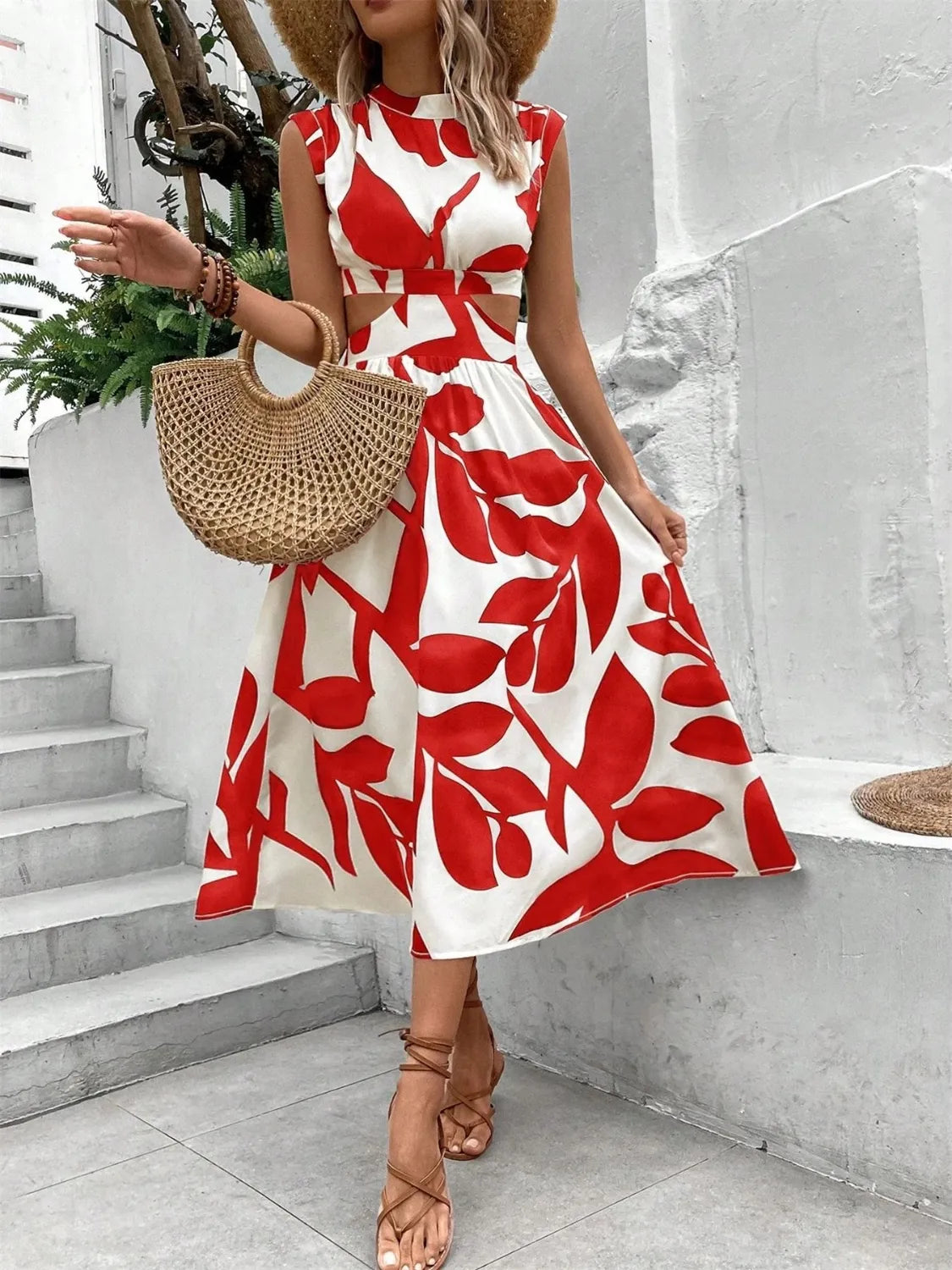 Cutout Printed Cap Sleeve Midi Dress