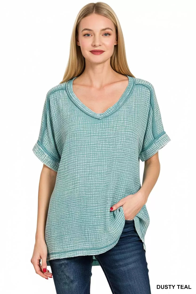 Zenana Acid Washed Double Gauze V-Neck Tee