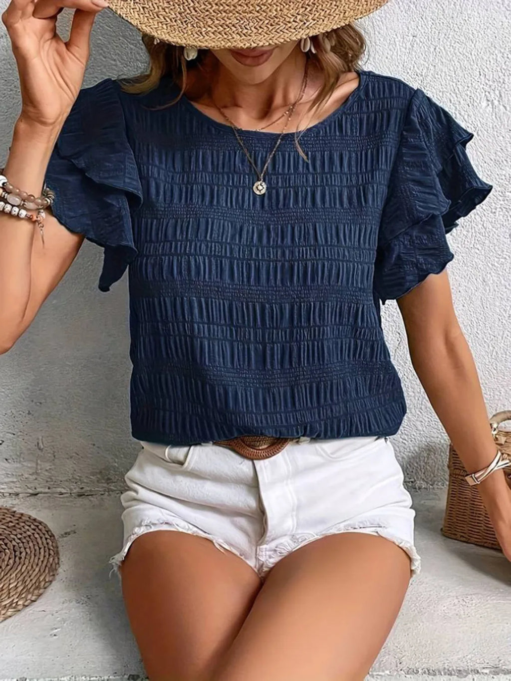 Round Neck Ruffled Short Sleeve Top