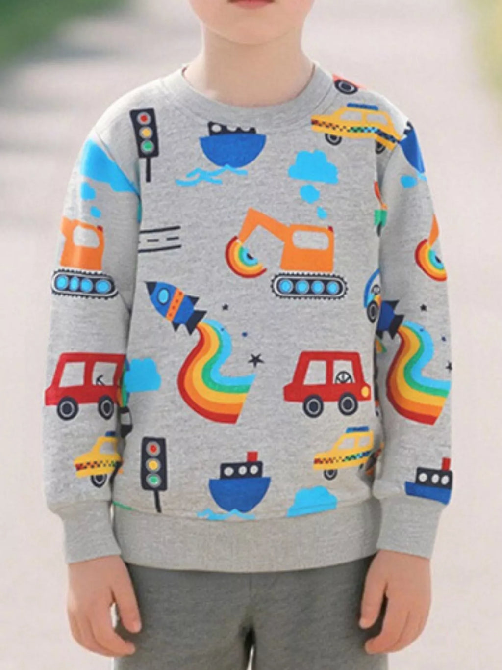 Children's Transportation Print Round Neck Sweatshirt