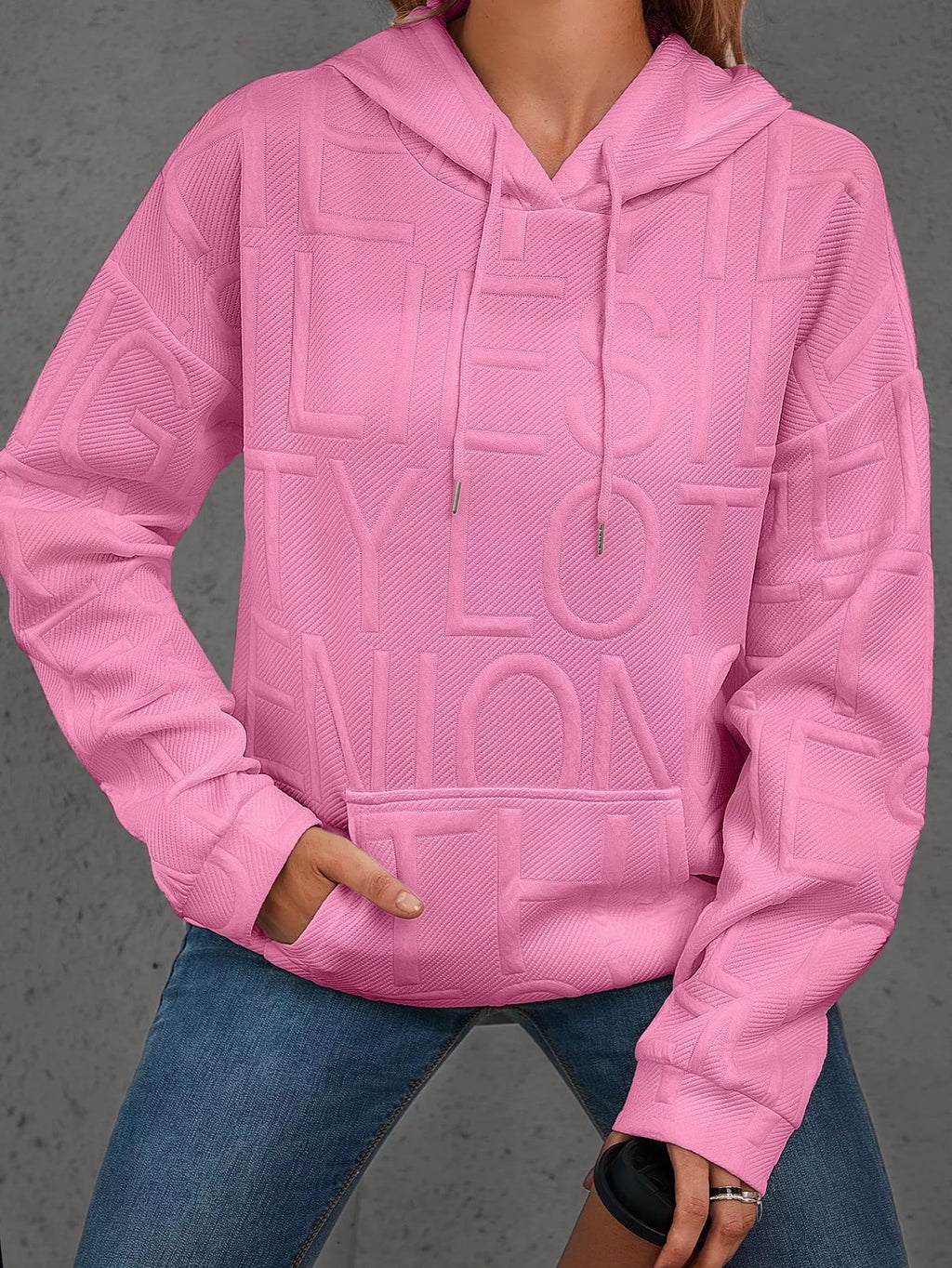 Full Size Textured Embossed Long Sleeve Hoodie Plus Size
