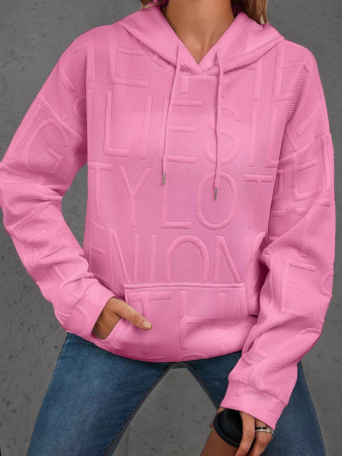 Full Size Textured Embossed Long Sleeve Hoodie Plus Size