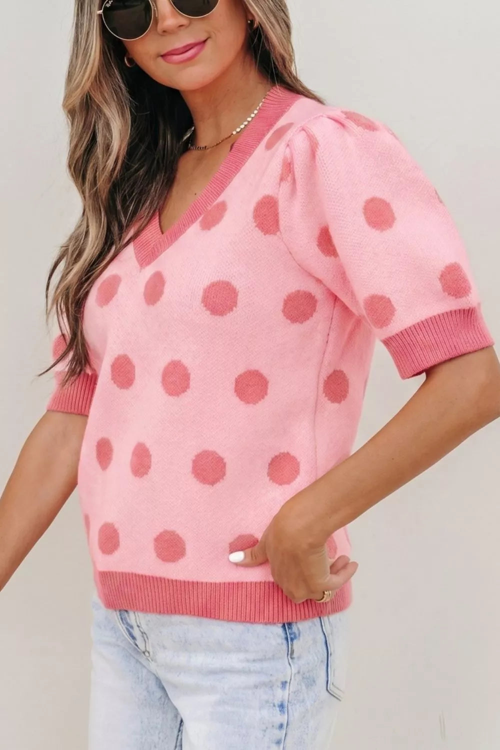 Polka Dot Puff Short Sleeve Sweater Top