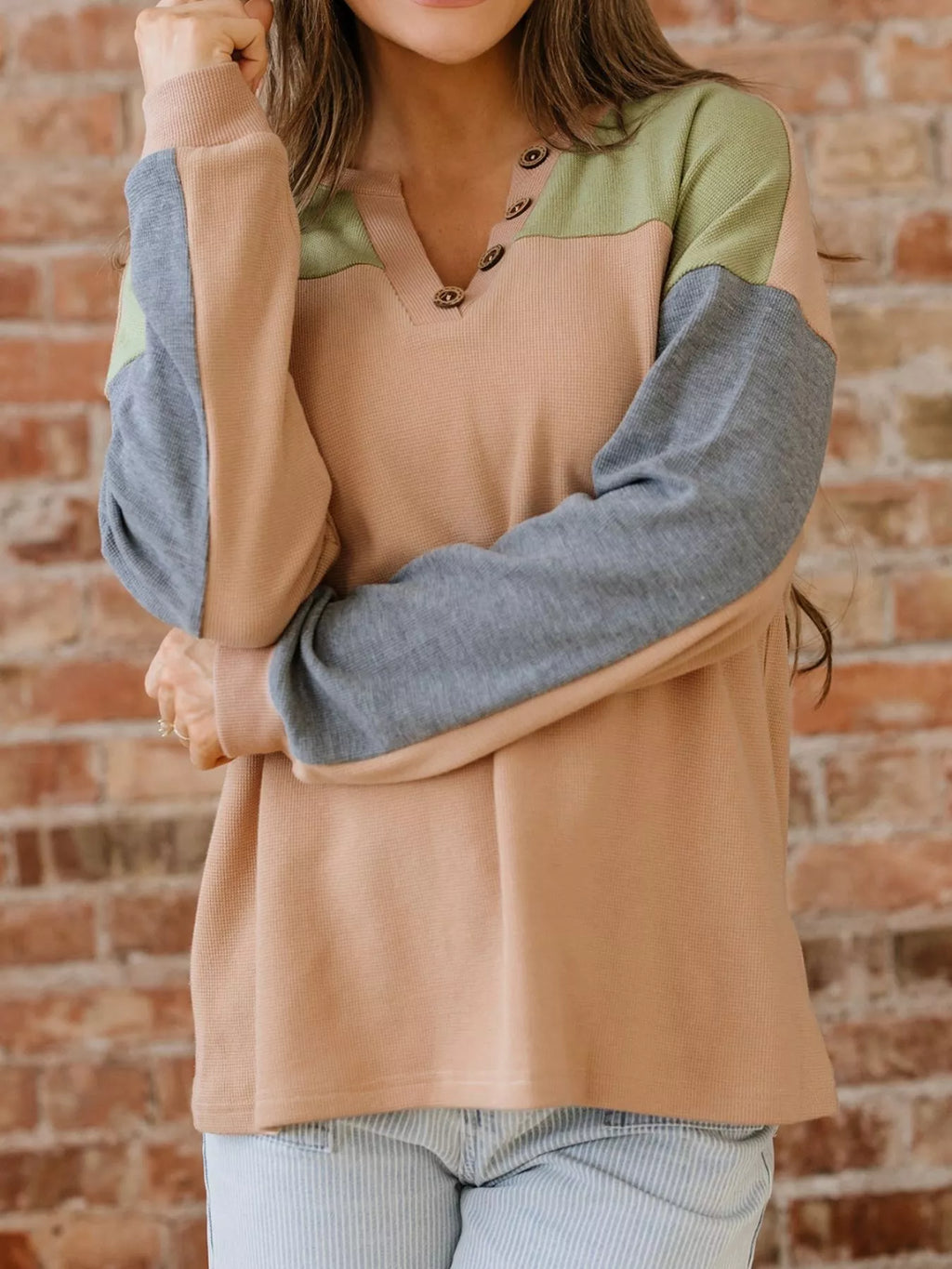 Color Block Thermal Textured Knit Drop Shoulder Henley Top