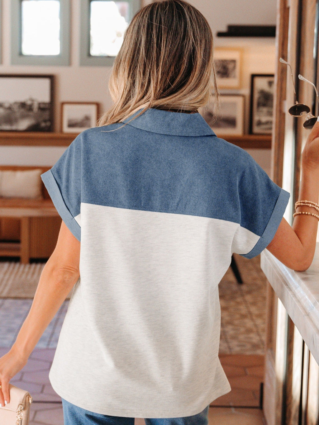 Color Block Denim Patchwork Button Polo Collar Short Sleeve Top