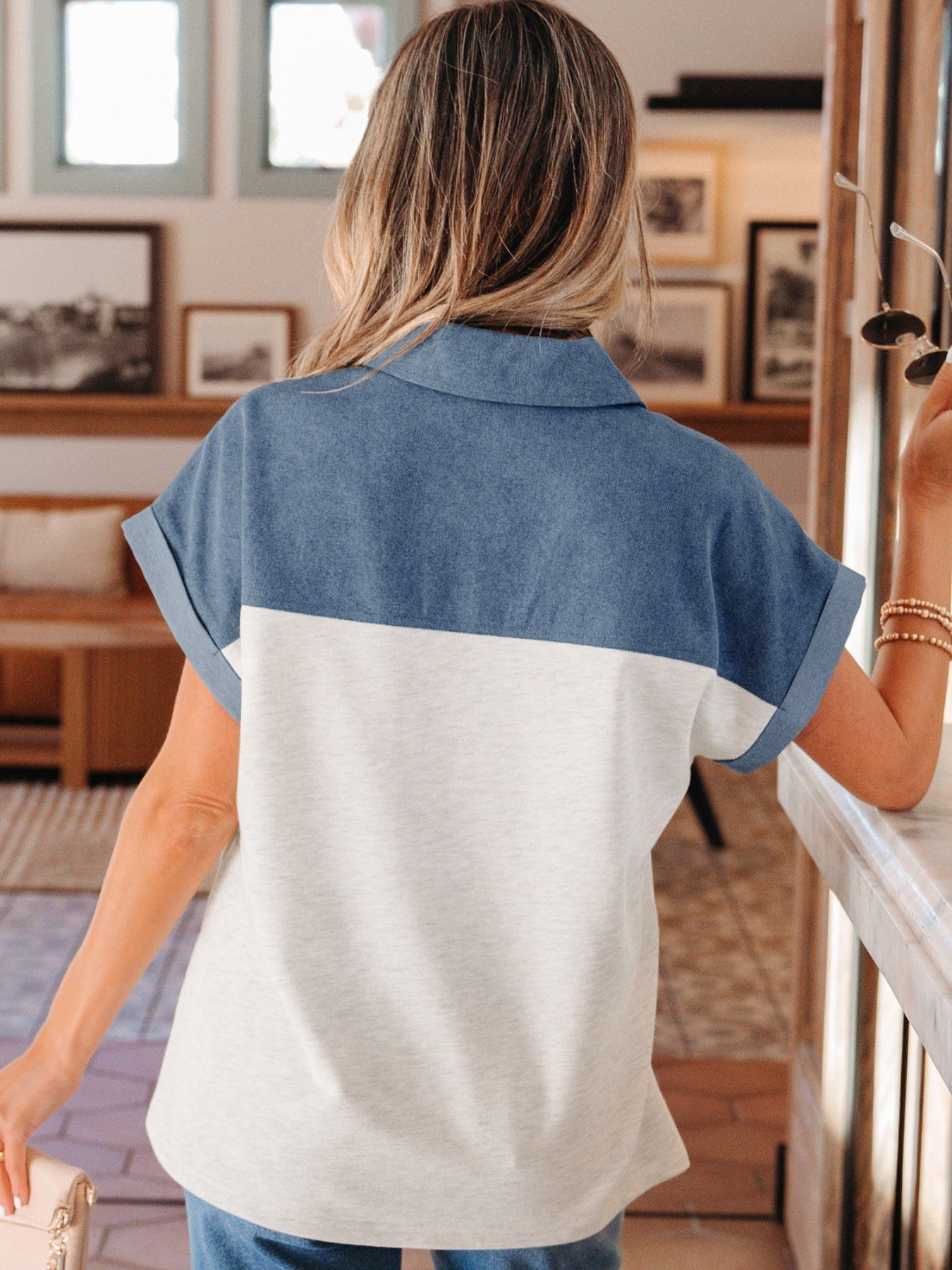 Color Block Denim Patchwork Button Polo Collar Short Sleeve Top