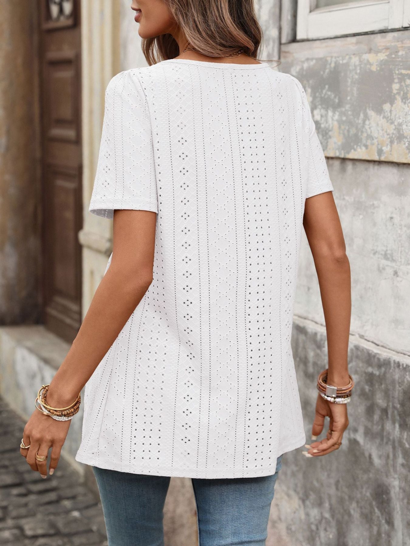 Eyelet Square Neck Short Sleeve Top