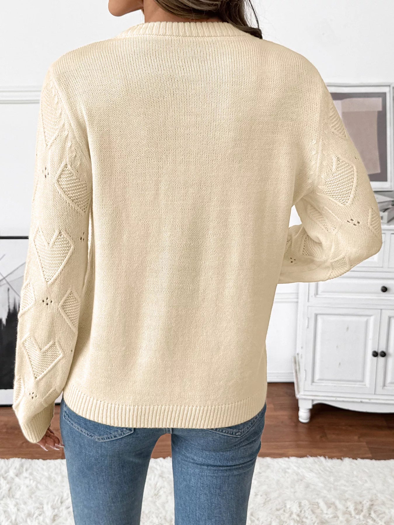 Openwork Heart Round Neck Sweater