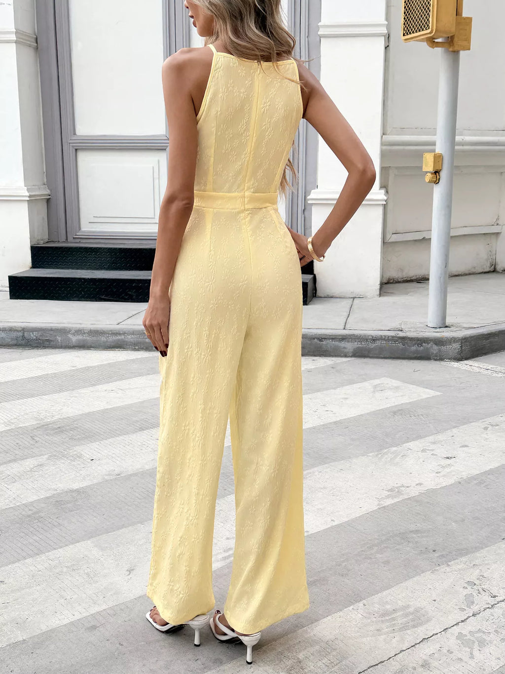 Tie Strap Textured Wide Leg Jumpsuit