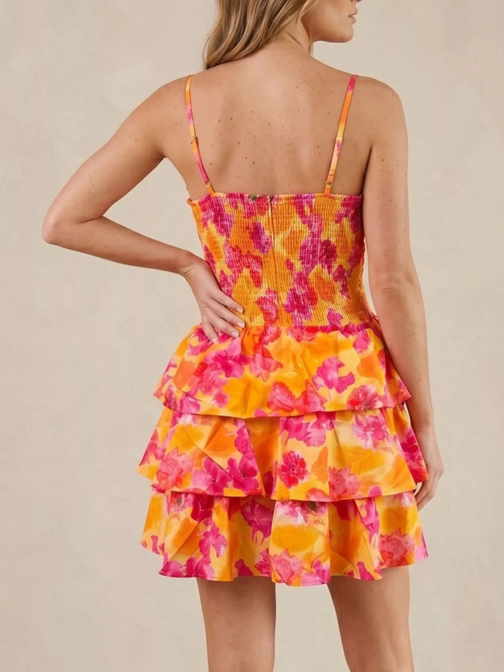 Cutout Floral Print Ruffle Layered Mini Dress