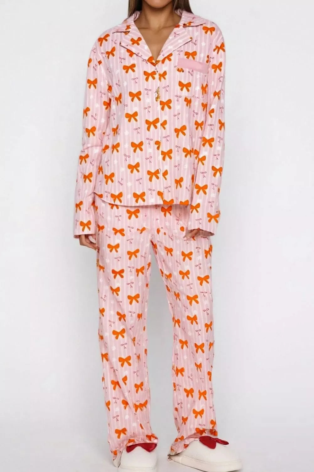 Bow Print Top and Wide Leg Pants Lounge Set