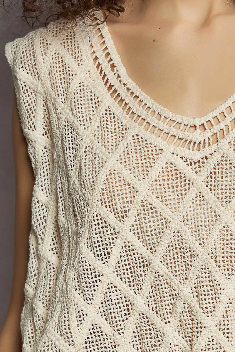 POL V-Neck Crochet Tank with Diamond Weave Knit Patterns