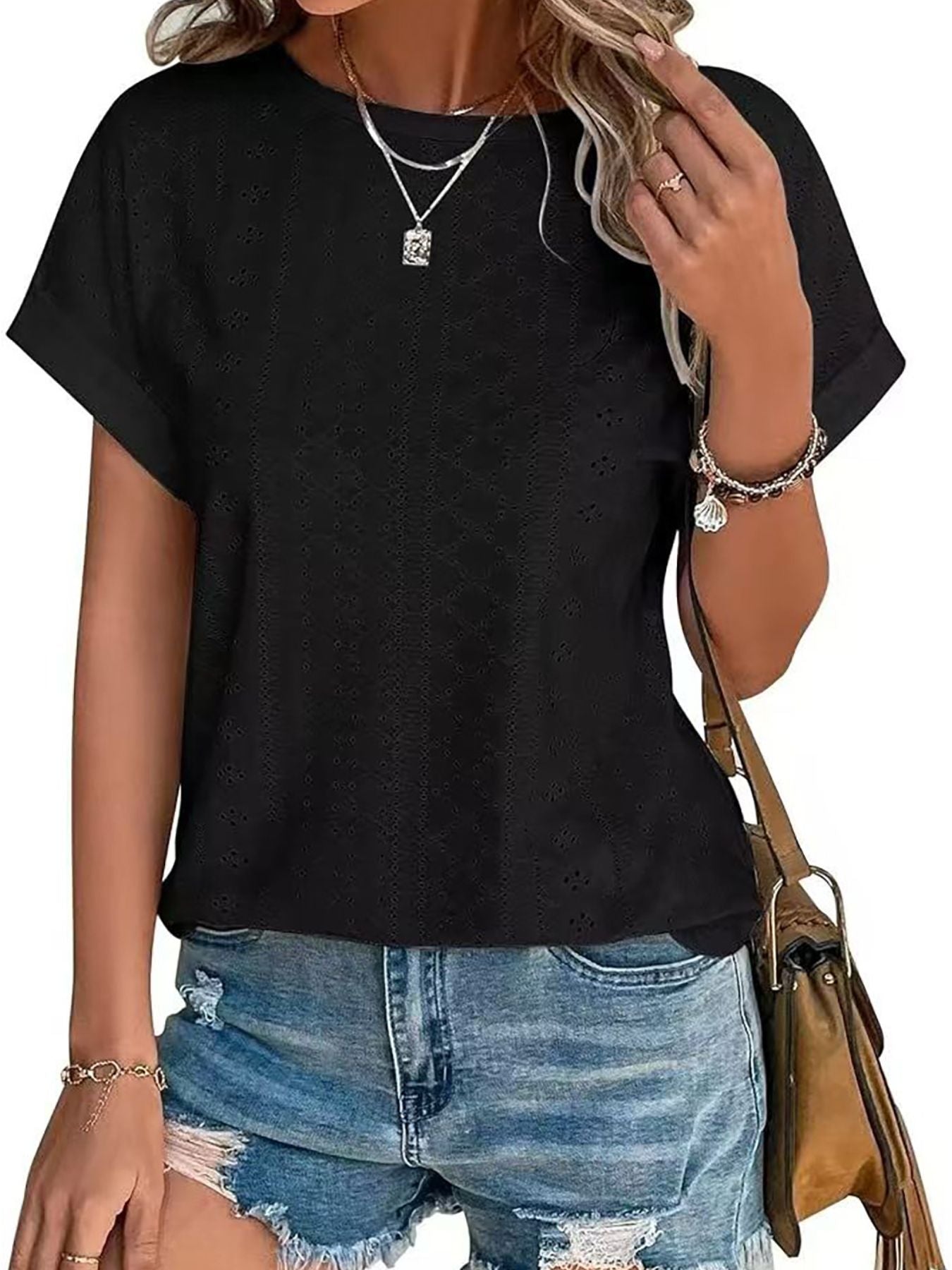 Eyelet Round Neck Short Sleeve Top
