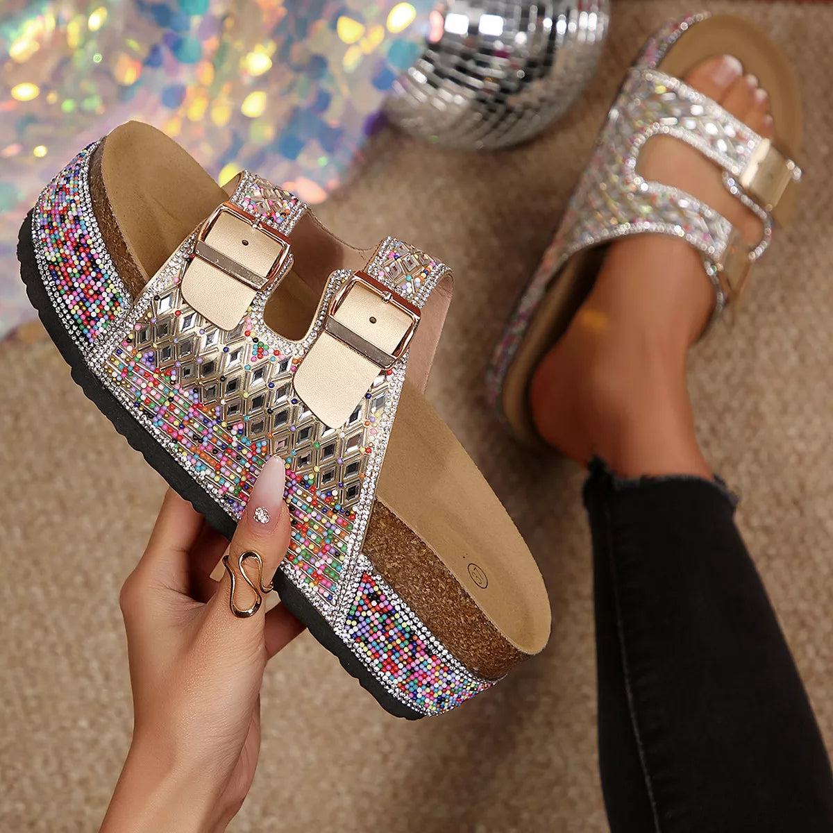 Rhinestone Double Buckle Sandals