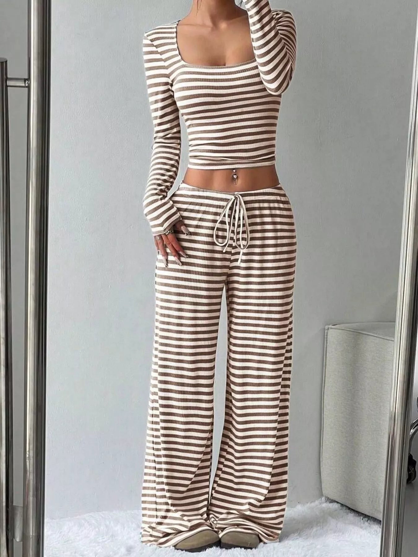Striped Long Sleeve Crop Top and Wide Leg Pants Set