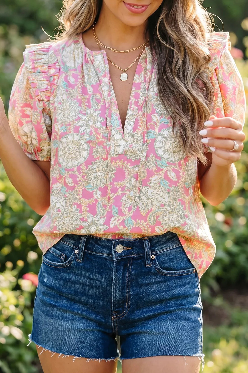 Tie V Neck Floral Short Puff Sleeve Blouse