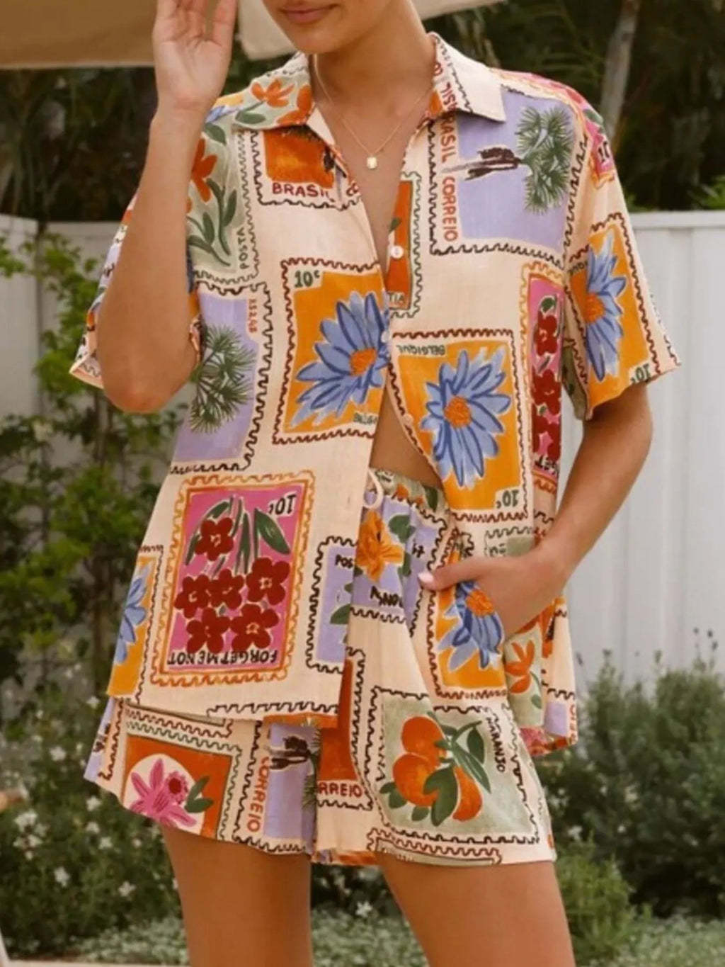 Printed Button Up Shirt and Shorts Set
